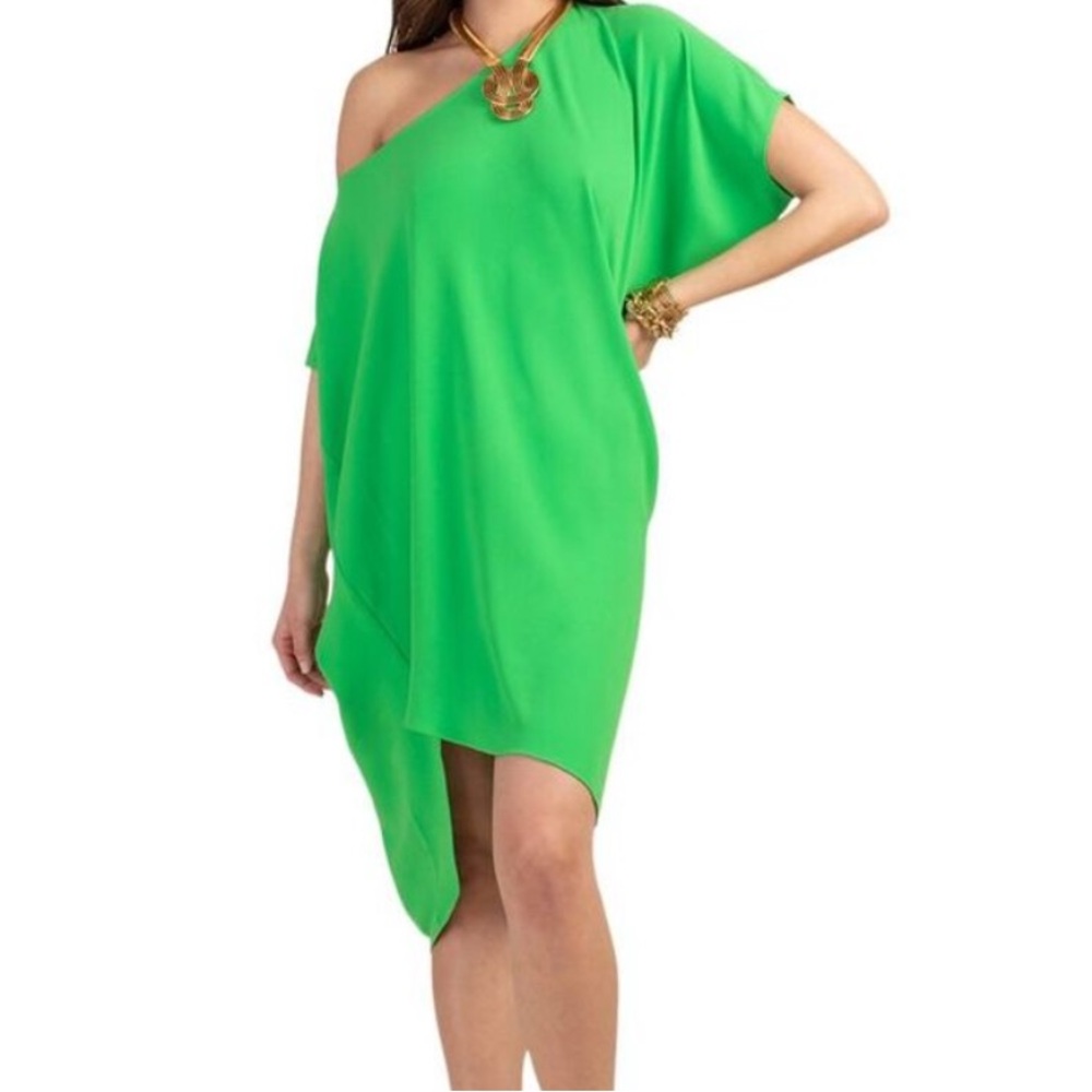 Trina Turk Radiant Dress Green Asymmetrical Off-the-Shoulder Resortwear NWT Lg